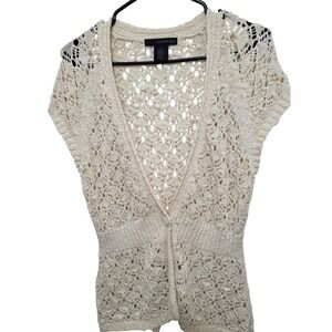 Calvin Klein Jeans Women's Crochet Knit Cardigan Sweater L/G Short Sleeve Cream